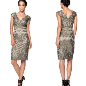 Tadashi Shoji Paillette Embroidered Lace  V-Neck Cocktail Dress in Smoke Pearl